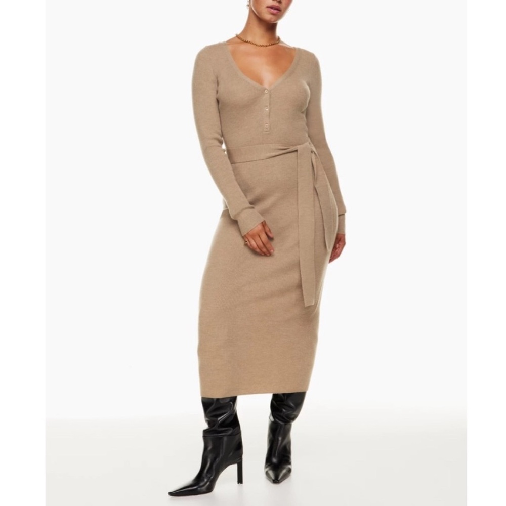 Aritzia Babaton Henley Wool Blend Brown V-Neck Long Sleeve Dress Women’s S